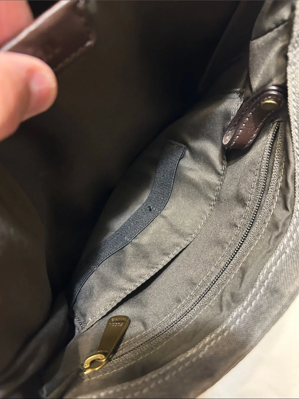 Fossil Gray Canvas Messenger Bag with Brown Trim